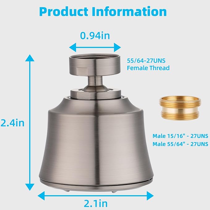 iFealClear Kitchen Sink Faucet Head, Swivel 360 Degree Faucet Sprayer Head with 4 Spray Modes, Big Angle Faucet Aerator Adapter Fits Female 55/64“ Male 15/16" for Bathroom/Kitchen/Rvs, Brushed Nickel