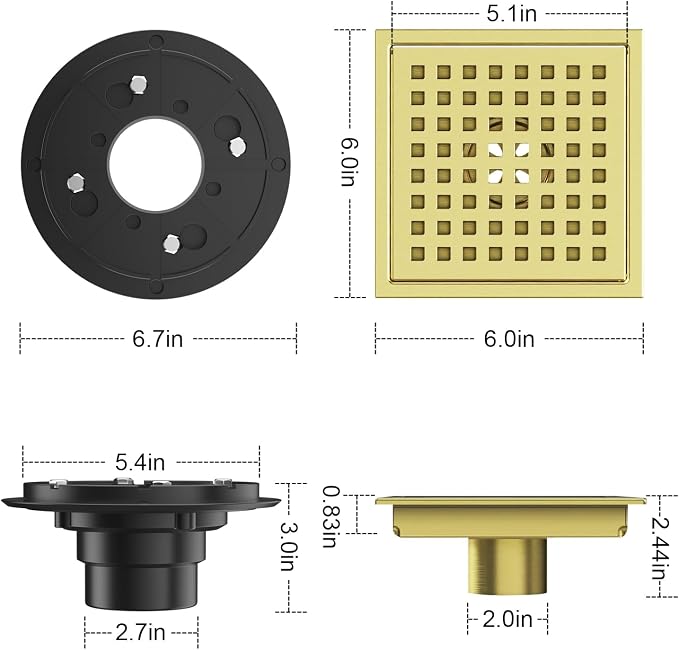 EXF Square Shower Drain Brushed Gold 6-Inch with ABS Flange, Hair Catcher | 304 Stainless Steel, Removable Grid Grate, Anti-Clog, Anti-Rust, Easy Clean, Adjustable Height