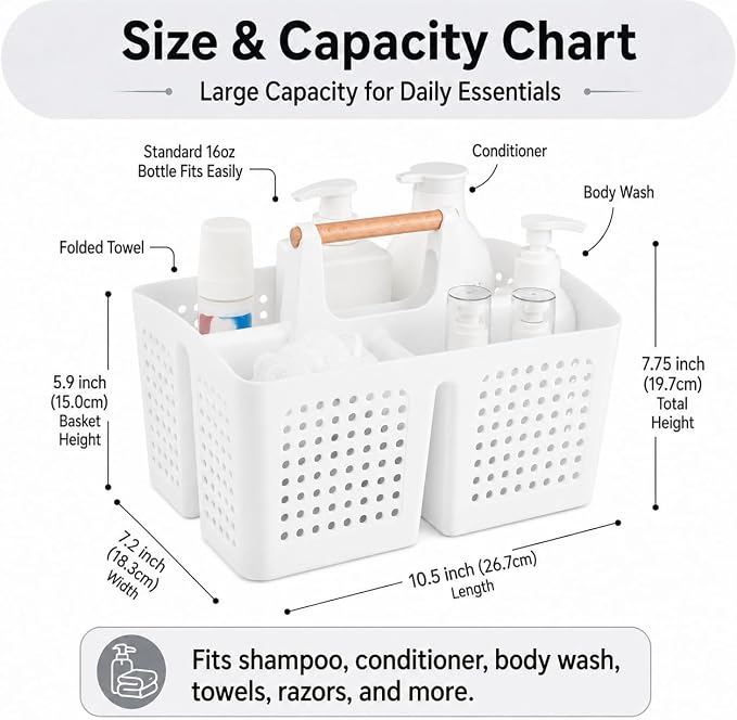 Portable Shower Caddy Basket with Wood Handle, 3-Compartment Bathroom Organizer Tote with Drain Holes, Plastic Shower Basket for Dorm, Toiletries, Cleaning Supplies, White