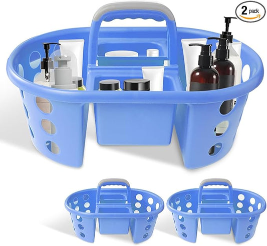 SIMPLYKLEEN Large Shower Caddy Portable 2PC - Made in USA Plastic Jumbo Size Dorm Storage Candy Tote with Handle Shower Organizer for Bathroom, Pantry, Kitchen, College Dorm, Periwinkle