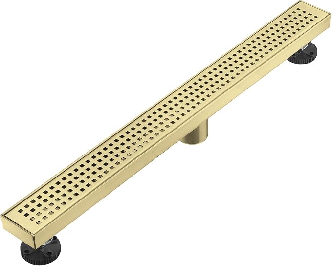 AVSIILE Linear Shower Floor Drain, Brushed Gold 32 Inch 304 Stainless Steel Bathroom Drains Kit, Long Rectangular Shower Trench Drain with Square Pattern Drain Cover & Hair Catcher