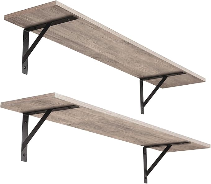 DINZI LVJ Long Wall Shelves, 31.5 Inch Wall Mounted Shelves Set of 2, Easy-to-Install, Wall Storage Ledges with Sturdy Metal Brackets for Living Room, Bathroom, Bedroom, Kitchen, Greige