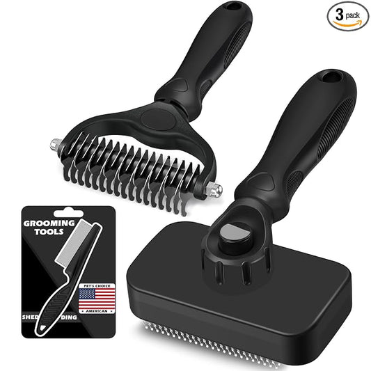 Professional 3PCS Self Cleaning Slicker Brush & Pet Grooming Rake & Flea Comb for Dogs,Cats and Horses | Double-Sided Dematting Comb & Skin Friendly Deshedding Grooming Tool | Pet Supplies (Black)