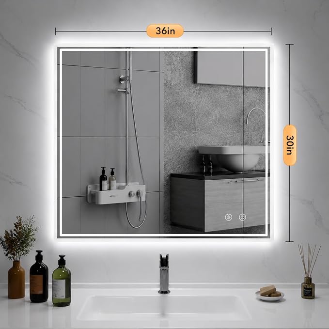 LED Mirror for Bathroom,30"x36"Lighted Vanity Mirror with Anti-Fog, IP44 Waterproof, 3 Colors Dimmable, Backlit, Memory Function, Touch Control Wall Mount Bathroom Mirror, Horizontal/Vertical