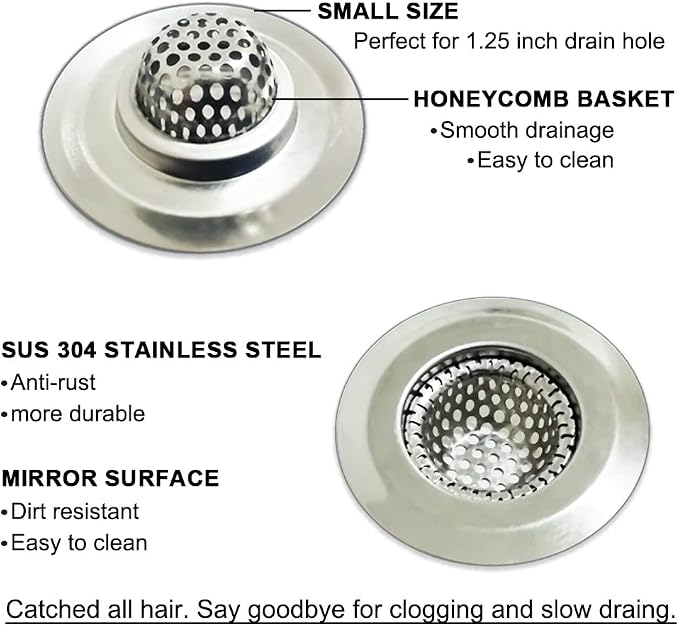 Seatery 1.25" Small Drain Strainer, Sink Drain Hair Catcher, Bathroom Sink Strainer, 2PCS Drain Mesh Baskets for Laundry, Mop Pool, Utility, Slop, RV Sink, Stainless Steel Drain Filter