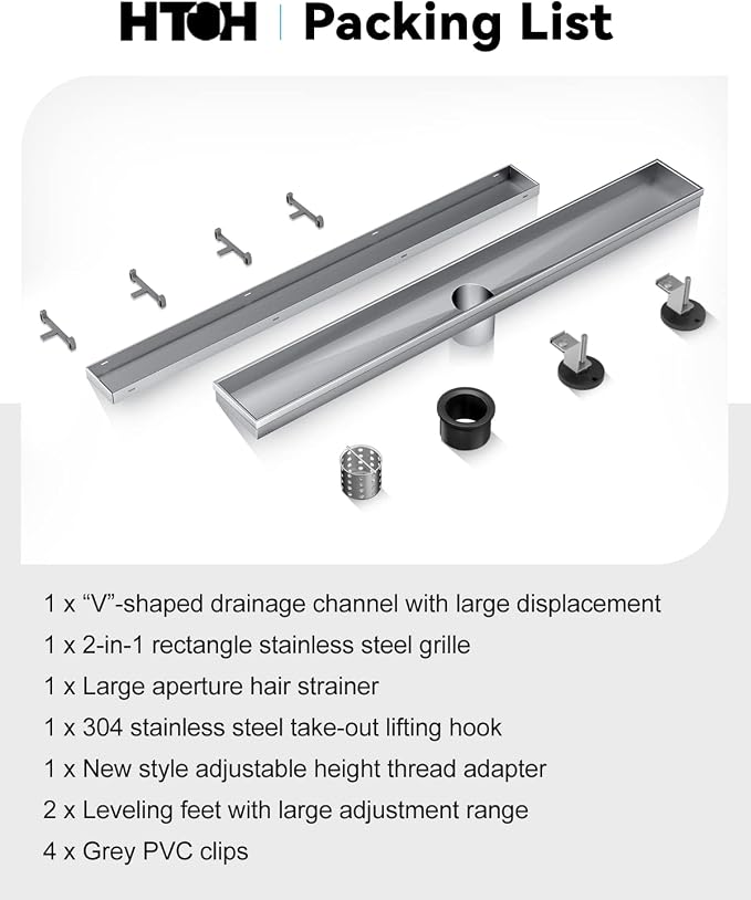 Shower Drain, 2 in 1 Linear Shower Drain 18 Inch(Brushed Nickel), 304 Stainless Steel Shower Floor Drain with Tile Insert Grate,Adjustable Feet,Hair Filter