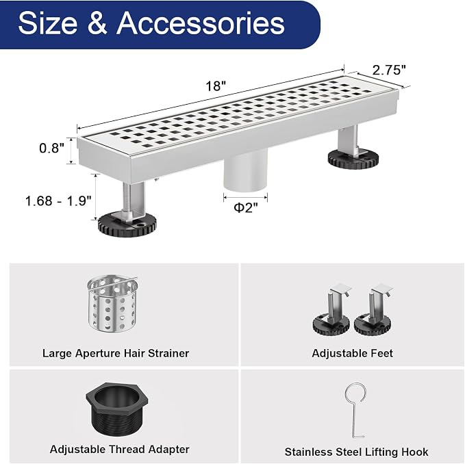 Linear Shower Drain | 18 Inch AISI 304 Stainless Steel Shower Drain, Brushed Nickel Linear Drain with Removable Quadrato Grate Cover & Adjustable Feet, Rectangle Floor Drain, in Bathroom Balcony etc