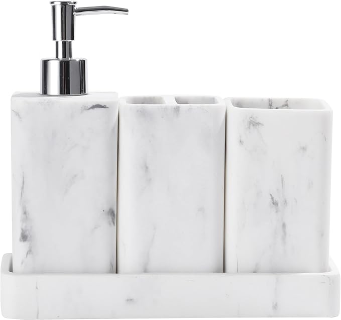 YMXYJM Bathroom Accessories Set, 4 Piece Toothbrush Holder Set Marble White | Bathroom Accessory Set with Soap Dispenser, Toothbrush Holder, Tumbler, Vanity Tray, Bathroom Sink Set for Modern Home Decor
