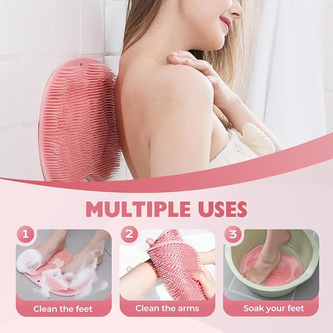 Silicone Shower Foot Scrubber Mat, Upgrade Foot Scrubber in Shower, Foot Back Cleaning Pad Back Washer Bath Wash Pad, Wall Mounted Slip Suction Cups for Bath Wash Pad (Pink)