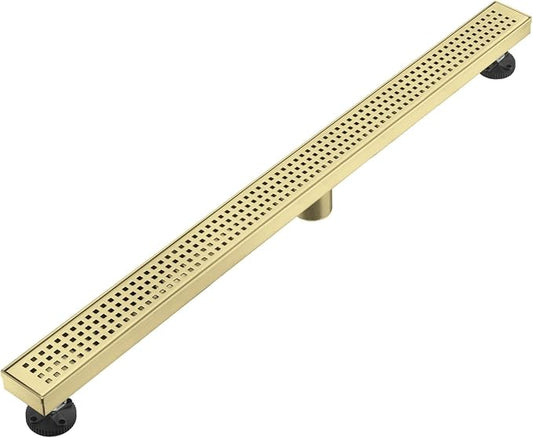 AVSIILE Linear Shower Floor Drain, Brushed Gold 54 Inch 304 Stainless Steel Bathroom Drains Kit, Long Rectangular Shower Trench Drain with Square Pattern Drain Cover & Hair Catcher
