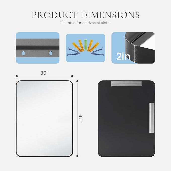 40x30 Inch Rectangle Bathroom Mirror for Wall, Matte Black Metal Framed, Bathroom Vanity Mirrors for Restroom Farmhouse, Anti-Rust, Tempered Glass, Horizontally or Vertically Hanging