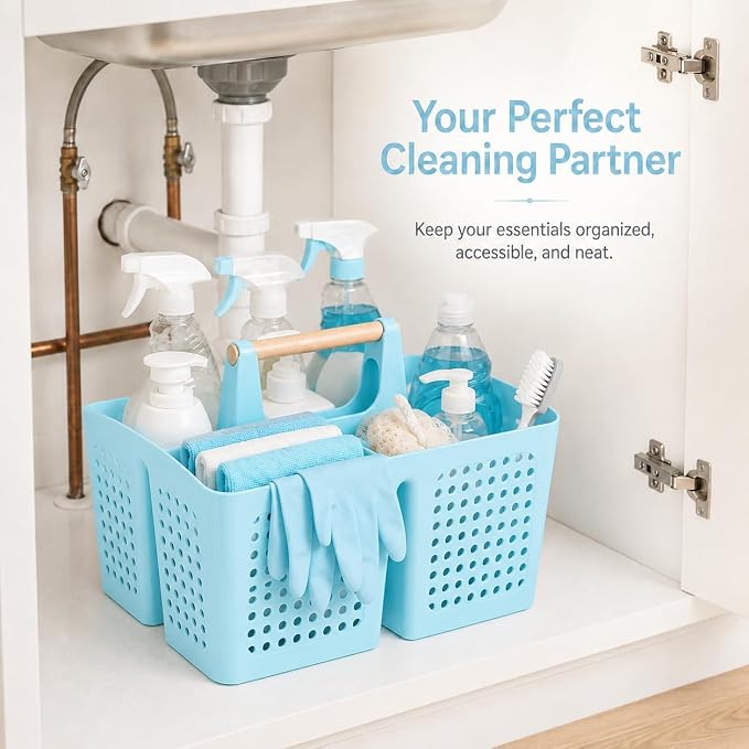 Portable Shower Caddy Basket with Wood Handle, 3-Compartment Bathroom Organizer Tote with Drain Holes, Plastic Shower Basket for Dorm, Toiletries, Cleaning Supplies, Light Blue