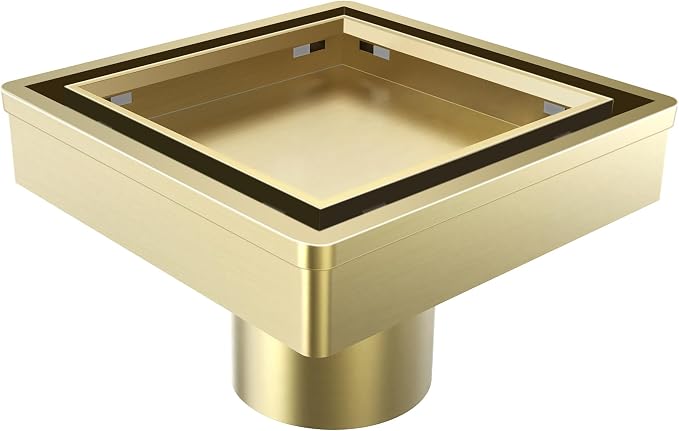 6 Inch Titanium Gold Shower Drain, 2-in-1 Tiled Shower Drain - 304 Stainless Steel Square Shower Floor Drain for Bathroom, Brushed Gold Drain Shower with Tile Insert Grate Removable,Hair Strainer