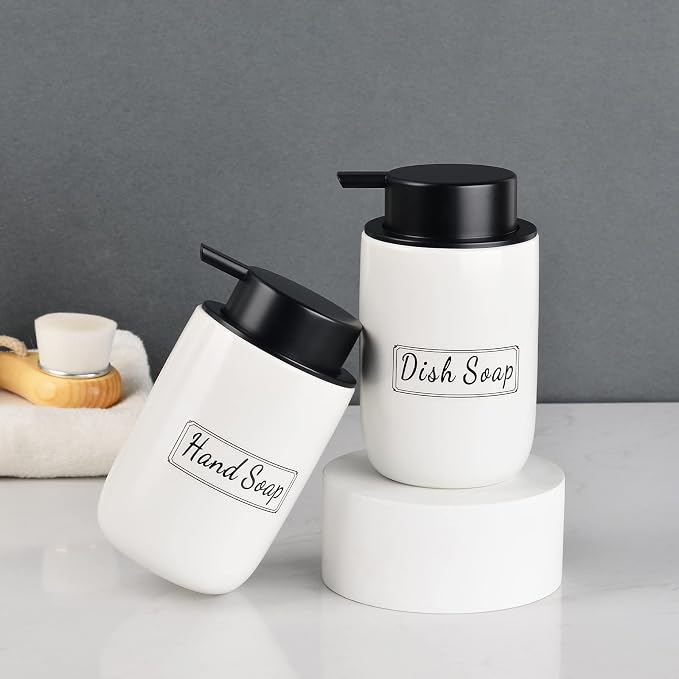 BosilunLife White Soap Dispenser Set - 2 Pack 12oz Ceramic Soap Dispenser | with Rust Proof Pump for Kitchen, Hand Soap and Lotion Set Suitable for Farmhouse Bathroom Decor with Waterproof Labels