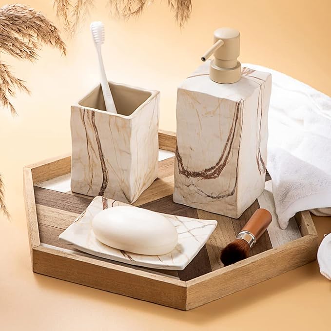 RQYIXI Ceramic 4-Piece Bathroom Accessories Set, Brown, Marble Design | marble look ceramic square design unique veining pattern modern countertop organization