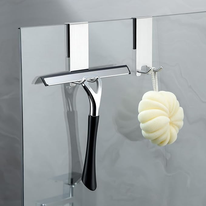 Taozun Shower Door Hooks, 3-Pack Towel Hooks for Bathroom Frameless Glass Door, Shower Squeegee Hook, Silver, Stainless Steel