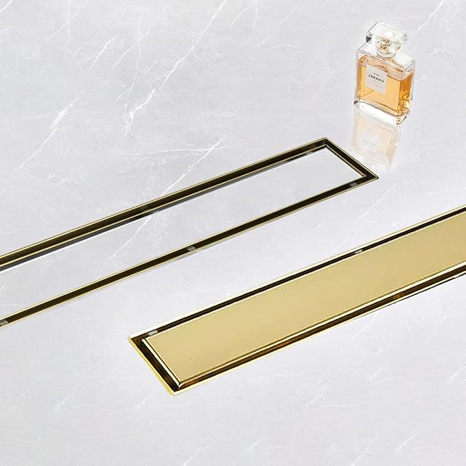 Linear Shower Drain, 32 inch Gold Drain with Tile Insert 2-in-1 Panel, Brushed 304 Stainless Steel Gold Shower Floor Drain, Linear Drain with Hair Strainer and Adjustable Fee