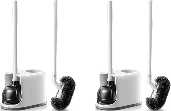HAMITOR Toilet Plunger and Brush Set for Bathroom Cleaning, 2 Pack | Curved Design Bristles for Deep Cleaning Under Rim - Compact Bathroom Cleaning Tools for New Homet Essentials, White
