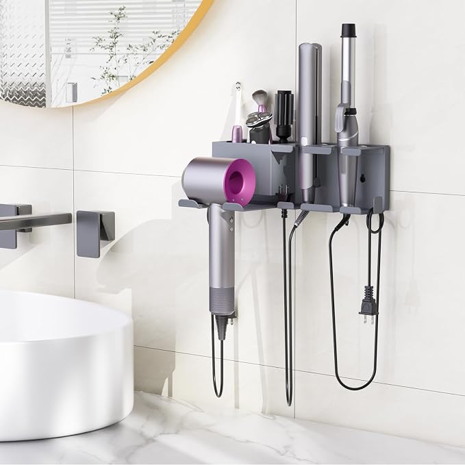YSD Hair Dryer Holder Wall Mounted with Cord Organizer Metal Organizer | Heat Resistant Blow Dryer Holder with Curling Iron and Flat Iron for Bathroom Self Adhesive/Screw, Grey