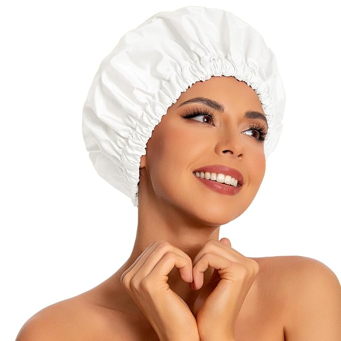 Edoneery Shower Caps for Women Reusable Waterproof, Shower Hair Cap | Washable Bonnet, Wide Elastic Band, Large Fit, Holds Long Hair, Braids Friendly, Bath Accessories, Spa, Travel