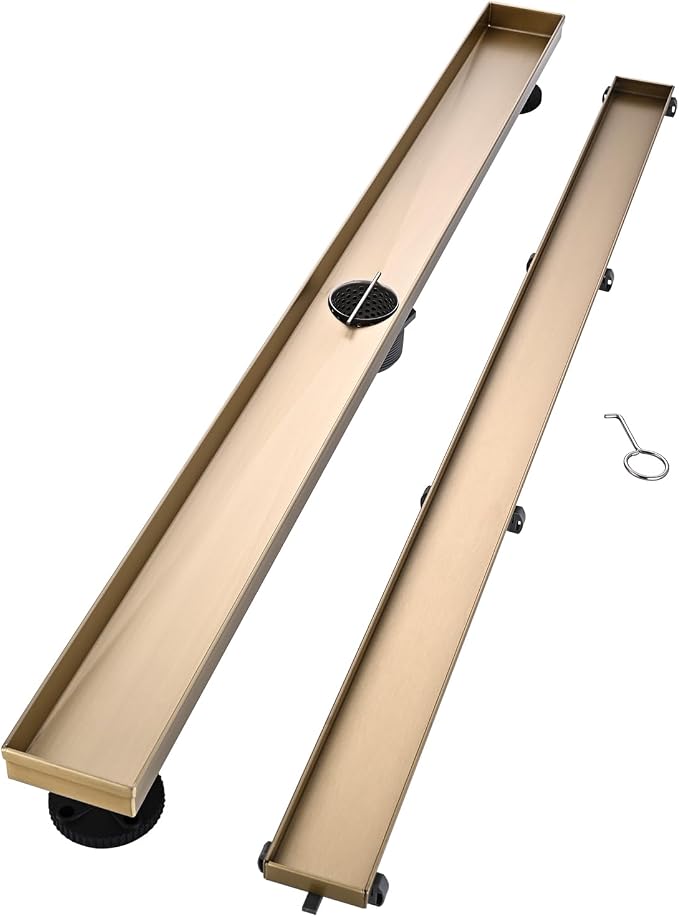 AVSIILE Linear Shower Floor Drain, Brushed Gold 40 Inch 304 Stainless Steel Bathroom Drains Kit, Rectangular Shower Trench Drain with Reversable Tile-in Pattern Drain Cover & Hair Catcher