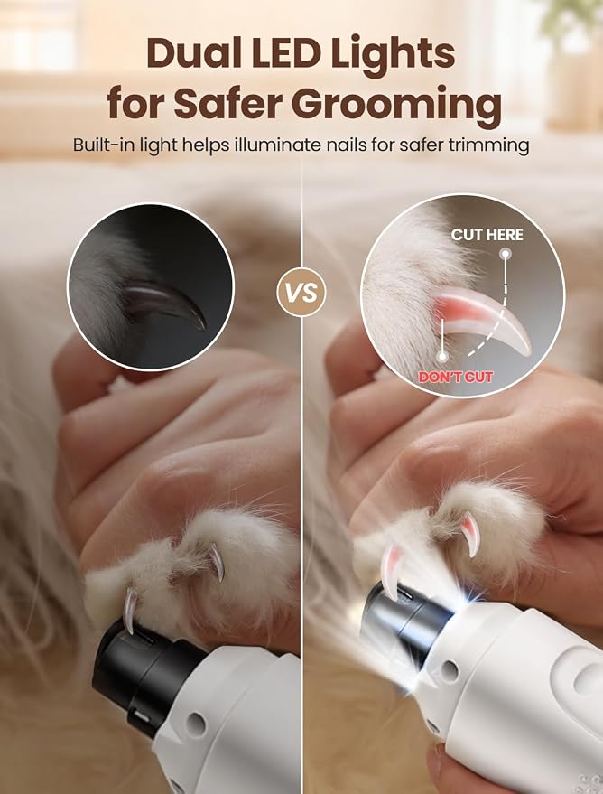 Dog Nail Grinder, Quiet 6-Speed Electric Pet Nail Trimmer with Upgraded Motor, 2 LED Lights, LCD Display, Type-C Charging, 1200mAh Battery, 3 Diamond Grinding Wheels for Dogs and Cats