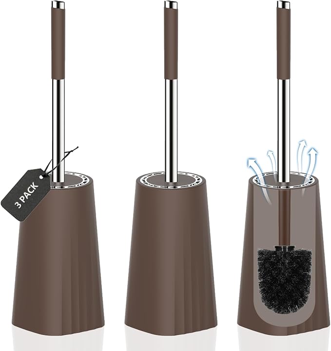 SetSail Toilet Brush, Compact Size Toilet Bowl Brush and Holder Toilet Brushes for Bathroom with Stainless Steel Handle Toilet Cleaner Brush with Durable Scrubbing Bristles, 3 Packs,Brown