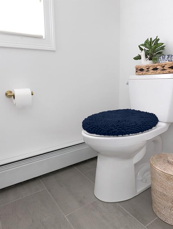 LuxUrux Toilet Lid Cover with Stretch Fit Elastic Band – Chenille Microfiber Toilet Seat Non-Slip Cover for Bathroom – Soft Plush, Machine Wash And Dry, Comfort & Clean Look (18x18'', Navy)