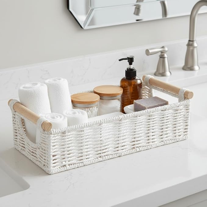 CubesLand Small Wicker Toilet Basket Tray Organizer W/Cut Out Handle, Handwoven Slim Decorative Basket for Countertop, Shelves And for Rustic Home Decor, Living Room, Nursery Organization, Cream