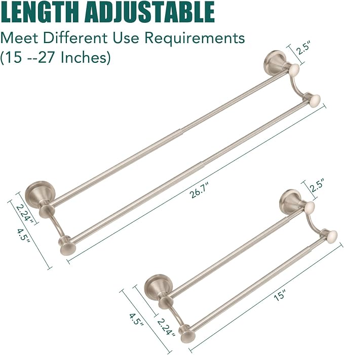 Hoimpro Adjustable Retractable 15-27 Inches Stainless Steel Bathroom Towel Bar, Bathroom Accessories Bath Hotel Double Towel Bar Rod Hanger Wall Mounted Towel Holder Towel Rack, Brushed Nickel