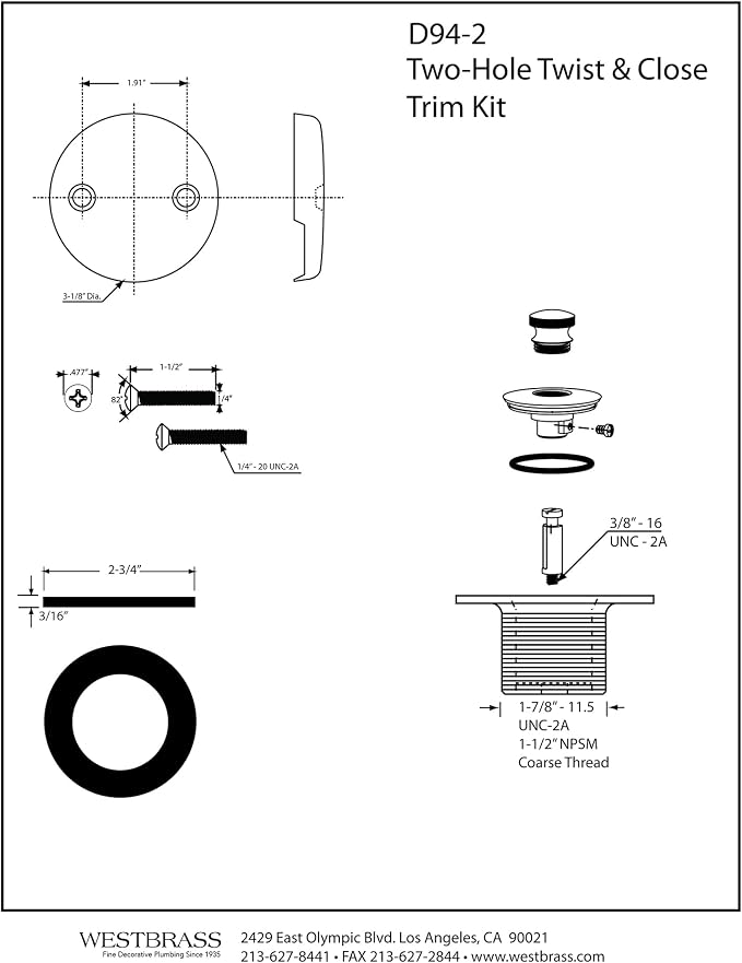 Westbrass Twist & Close Tub Trim Set with Two-Hole Overflow Faceplate, Powder Coat White, D94-2-50