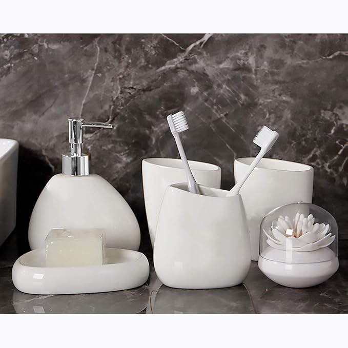 White Ceramic Bathroom Accessory Set, Bathroom Vanity Countertop Set, Bathroom Soap Dispenser and Toothbrush Holder Set Complete, 2 Tumbler Cup, Soap Dish, 5 Pieces