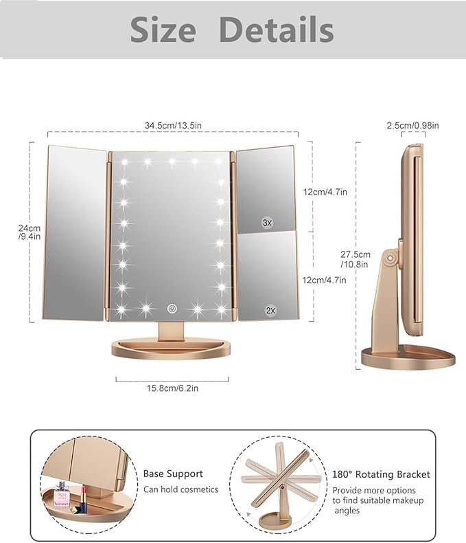 Flymiro Tri-fold Lighted Vanity Makeup Mirror with 3x/2x/1x Magnification, 21Leds Light and Touch Screen,180 Degree Free Rotation Countertop Cosmetic Mirror,Travel Makeup Mirror (Gold)