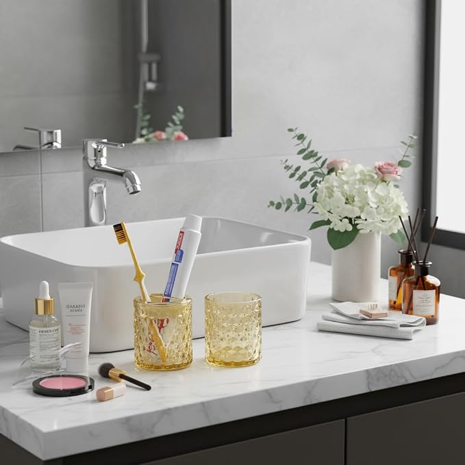 2pcs Amber Glass Toothbrush Holder, Bathroom Tumbler Cup and Toothpaste Holder Set, Gold Toothbrush Holders with Divider, Bathroom Tooth Brush Cup Organizer for Brushes,Toothpaste and Razor