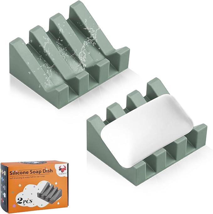 Self Draining Soap Dish Holder,Silicone Soap Dish,for Bathroom,Kitchen, Sponges，Can Extend Soap Life，Keep Soap Bars Dry and Easy Cleaning (Green,2-Pack)