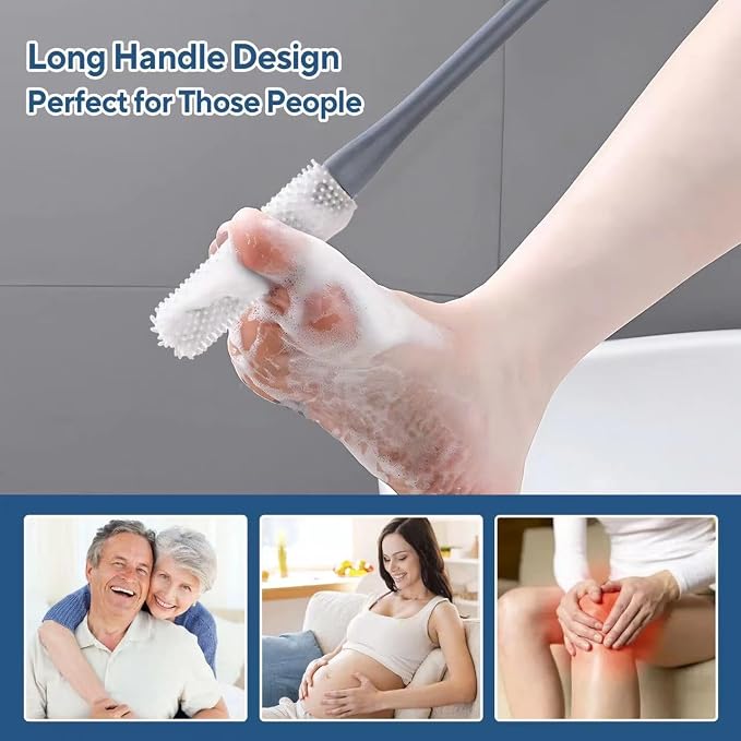 2Pack Toe Cleaning Brush,15.7" Silicone Foot Scrubber in Shower with Long Handle Cleaning Bath Foot Brush for shower Gentle Foot Exfoliating Lotion Applicator for Seniors,Elderly, Men and Women (Grey)