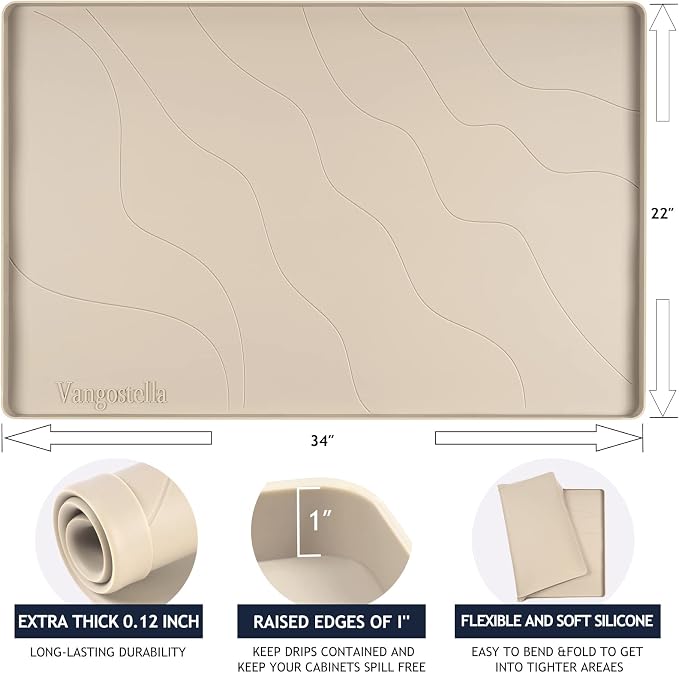 Heavy Duty Silicone Under Sink Mats for Kitchen Waterproof 31" x 19", Extra Thick Under Sink Rubber Mat Drip Tray, Raised Edge Under Sink Liner,Prevent Drips, Leaks, Spills,Taupe