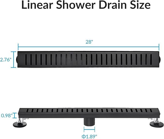 28 Inch Linear Shower Drain Bathroom Kitchen Matte Black Floor Drain Removable Capsule Pattern Cover Accessories Shower Drain 304 Stainless Steel Drain with Hair Strainer Adjustable Leveling Feet
