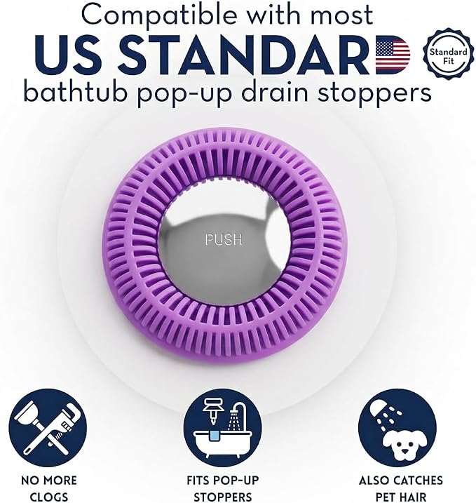 TubRing Pop-Up Drain Protector & Strainer Silicone Hair Catcher, Violet | Easy snap-in design fits around bathtub stoppers. Customizable utility guard for clog prevention. Fits 1.85"- 2.16" drains.