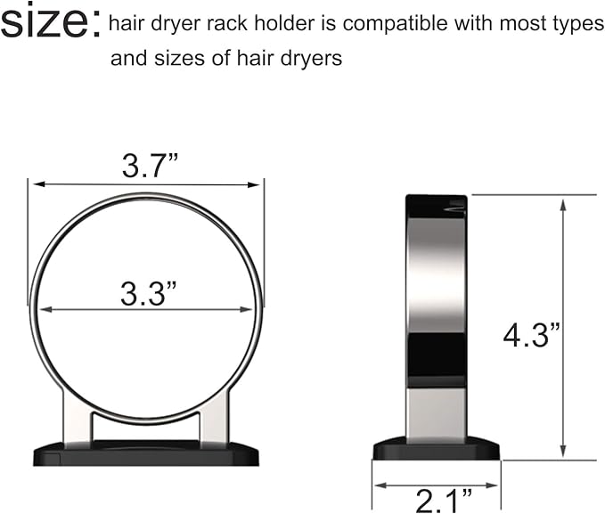 Hair Dryer Holder For Wall Mount , Bathroom Cabinet Door Blow Dryer Stand | Blow Dryer Holders - Extra Large Rim Compatible with Most Hair Dryers, Mount Chrome Finished (Silvery)