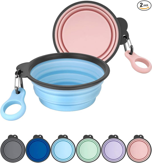 2 Pack 15oz/1.8 Cup Collapsible Dog Bowls with Bottle Carrier | Upgraded Carabiner,One-piece Molded Rim Won't Fall Off or Crack, Foldable Portable for Pets Water Drinking or Food Feeding