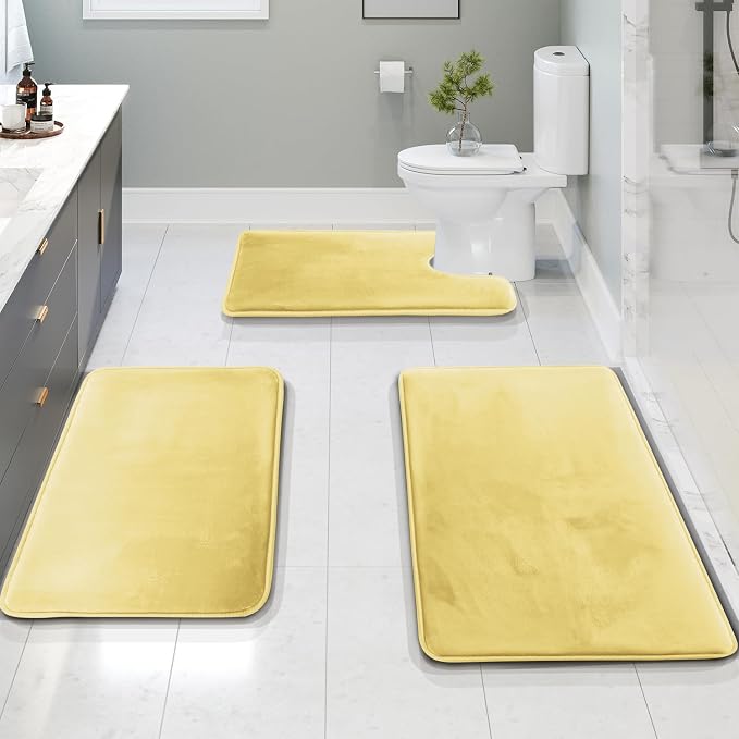 Clara Clark 3 Piece Bathroom Rugs Bath Mat Set, Velvet Memory Foam Bath Mats for Bathroom - Non-Slip, PVC Backing Bath Rugs, Washable - Dries Quickly, Yellow