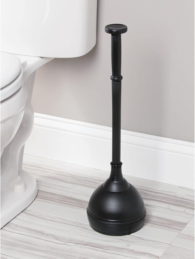 mDesign Plastic Toilet Plunger with Lift & Lock Cover Set, Compact Discreet Freestanding Storage Caddy Holder for Bathroom, Powder Room, Modern Design - Heavy Duty - Hyde Collection, Black