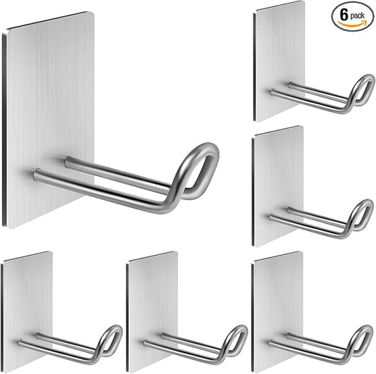 Self Adhesive Hooks Heavy Duty, Large Stainless Steel Towel Hooks, No Drill Sticky Hooks, Long Stick on Shower Wall Hooks for Hanging Hat Coat Key Headphone (Silver(6Pcs))