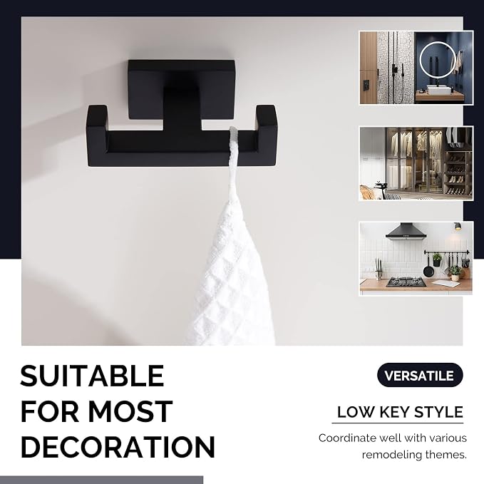 Angle Simple Double Towel Hook Matte Black, SUS304 Stainless Steel Bathroom Towel Holder, Coat Robe Hook Wall Mount