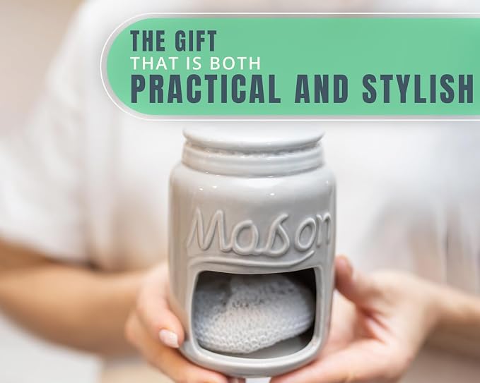 Comfify Grey Mason Jar Ceramic Sponge Holder – Farmhouse Sink Caddy | Grey; mason jar ceramic; 5"H x 3.75" diameter; includes nylon scrubby; embossed 'MASON'; decorative lid; farmhouse