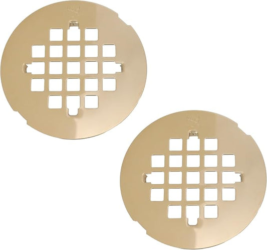 Westbrass D319-2-01 4-1/4" OD Casper Style Brass Snap-in Shower Strainer Grid Drain Cover, PVD Polished Brass (2-Pack)