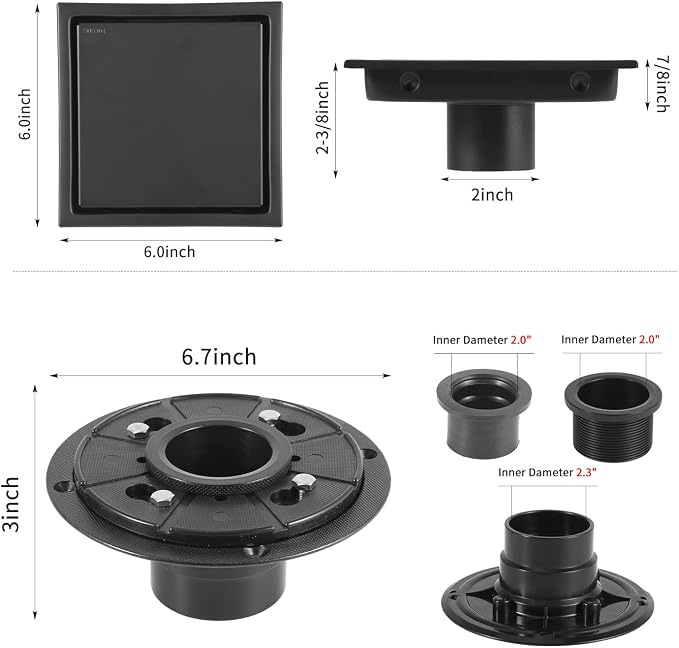 EXF Square Shower Drain 6 Inch Matte Black with Tile Insert Grate, Stainless Steel Shower Floor Drain with Flange, Hair Catcher