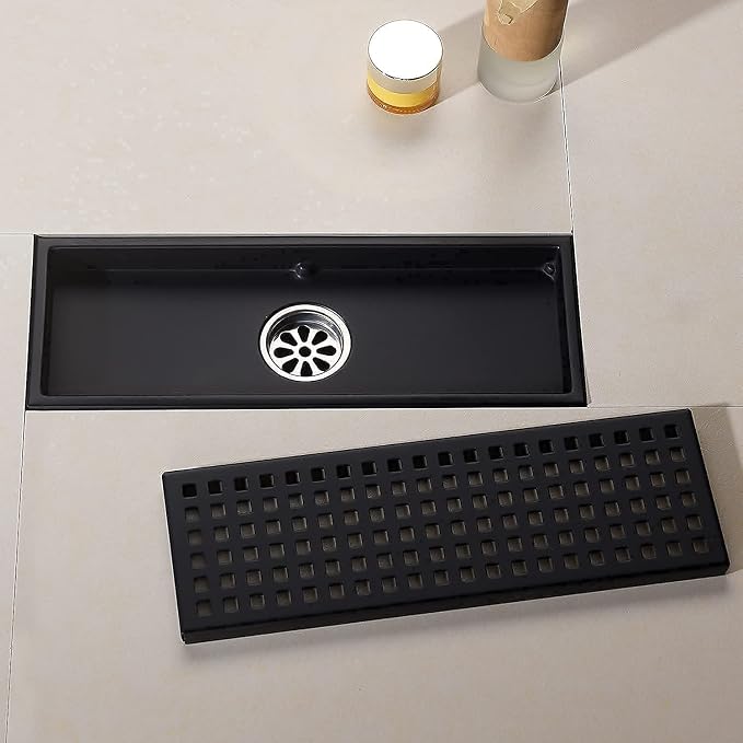 12 Inch Rectangular Shower Floor Drain, Detachable to Insert The Mesh Grille Cover, SUS304 Stainless Steel, Matt Black