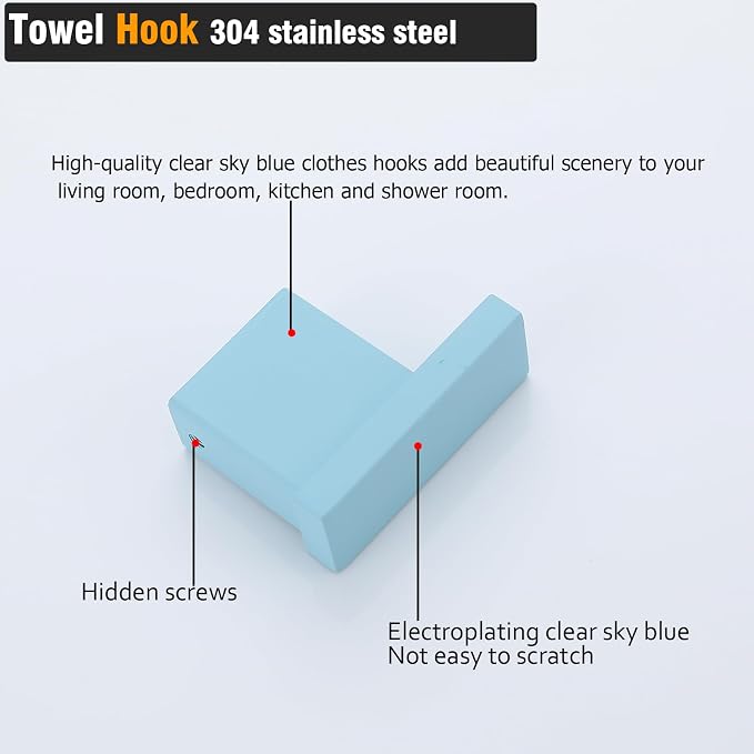 RANDOM Clear Sky Blue Towel Hooks for Bathrooms Square Shower Hooks Stainless Steel Wall Mount Coat Hook.96009-8CKB